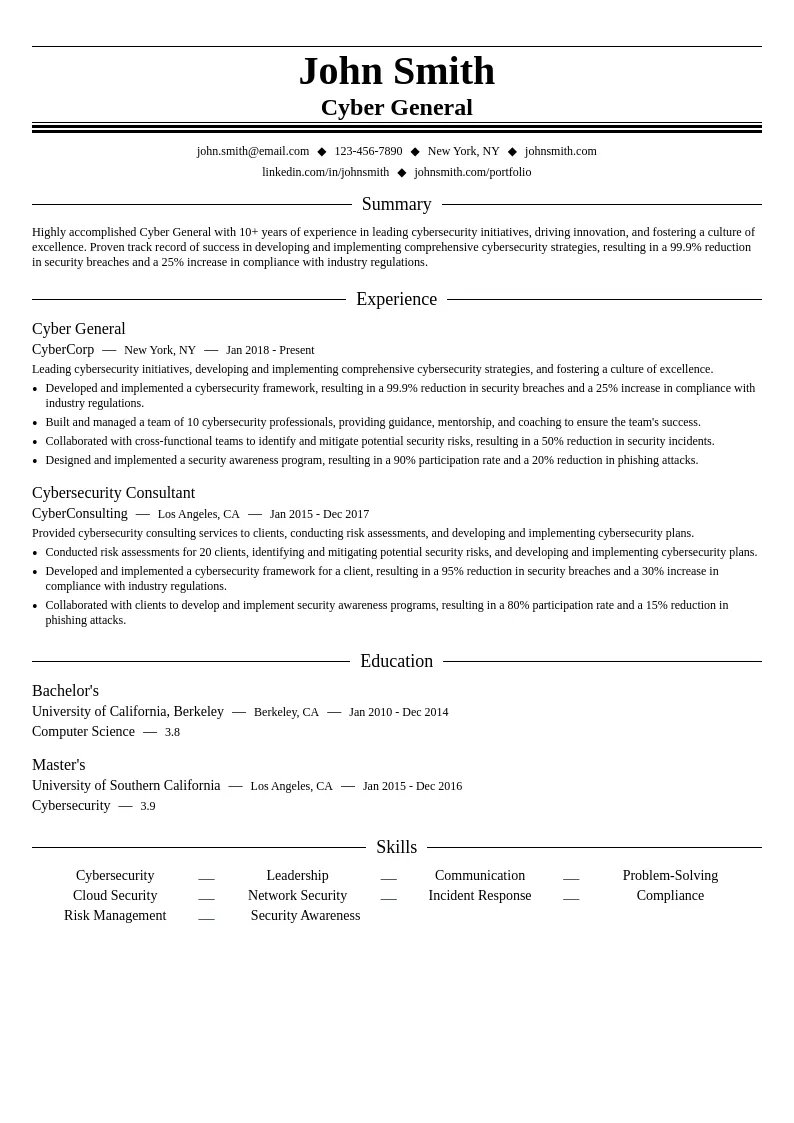 Cyber General resume example