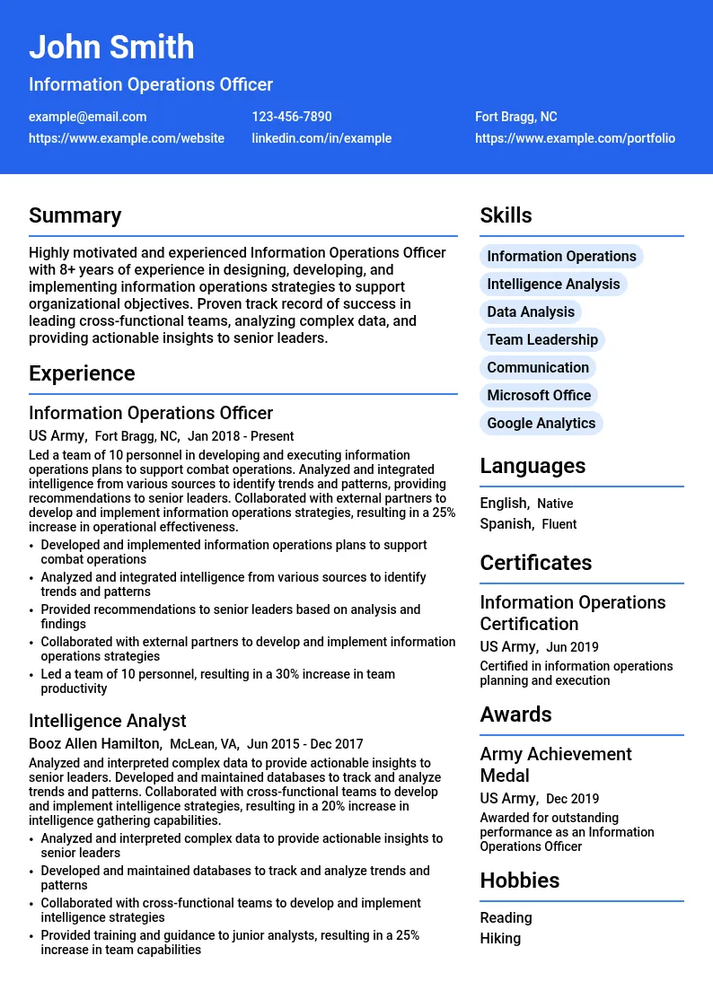 Information Operations Officer resume example