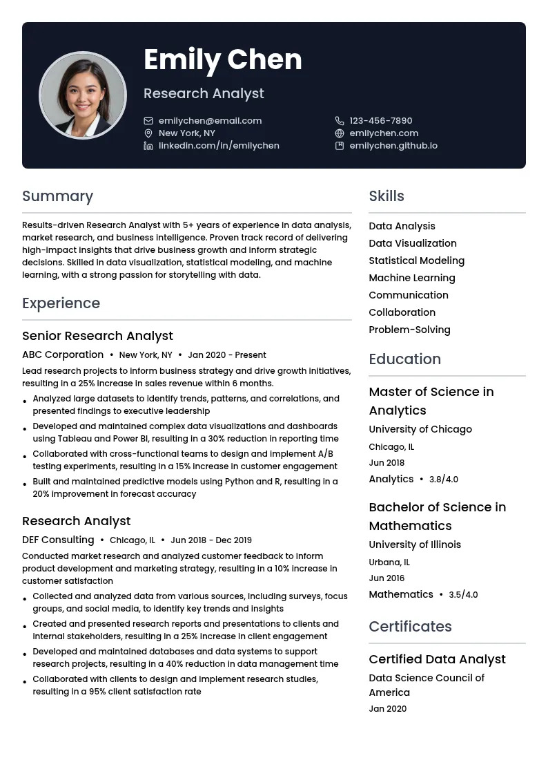 Research Analyst resume example