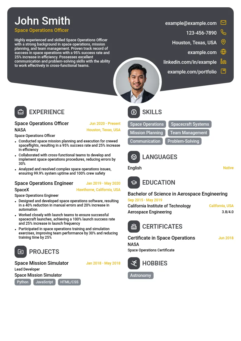 Space Operations Officer resume example