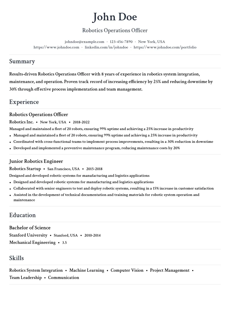Robotics Operations Officer resume example