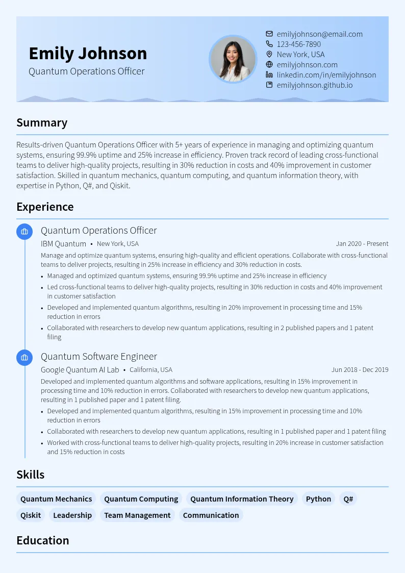 Quantum Operations Officer resume example