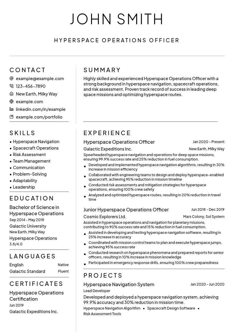 Hyperspace Operations Officer resume example