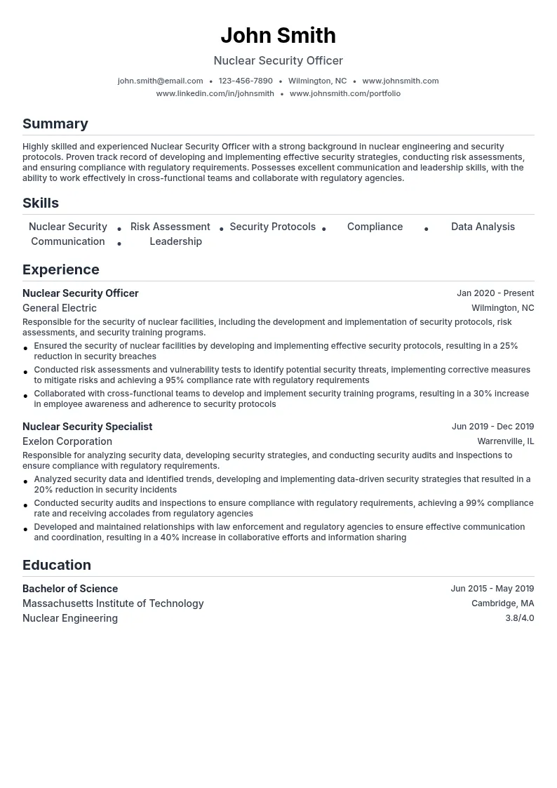 Nuclear Security Officer resume example