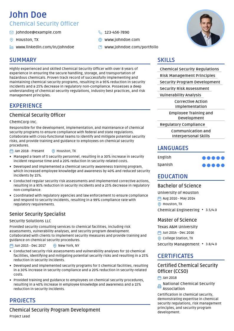 Chemical Security Officer resume example