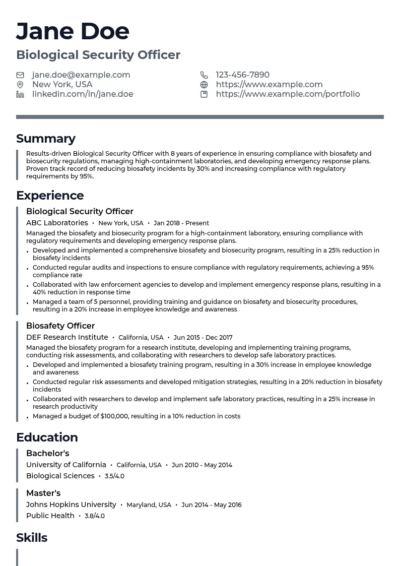 Biological Security Officer resume example