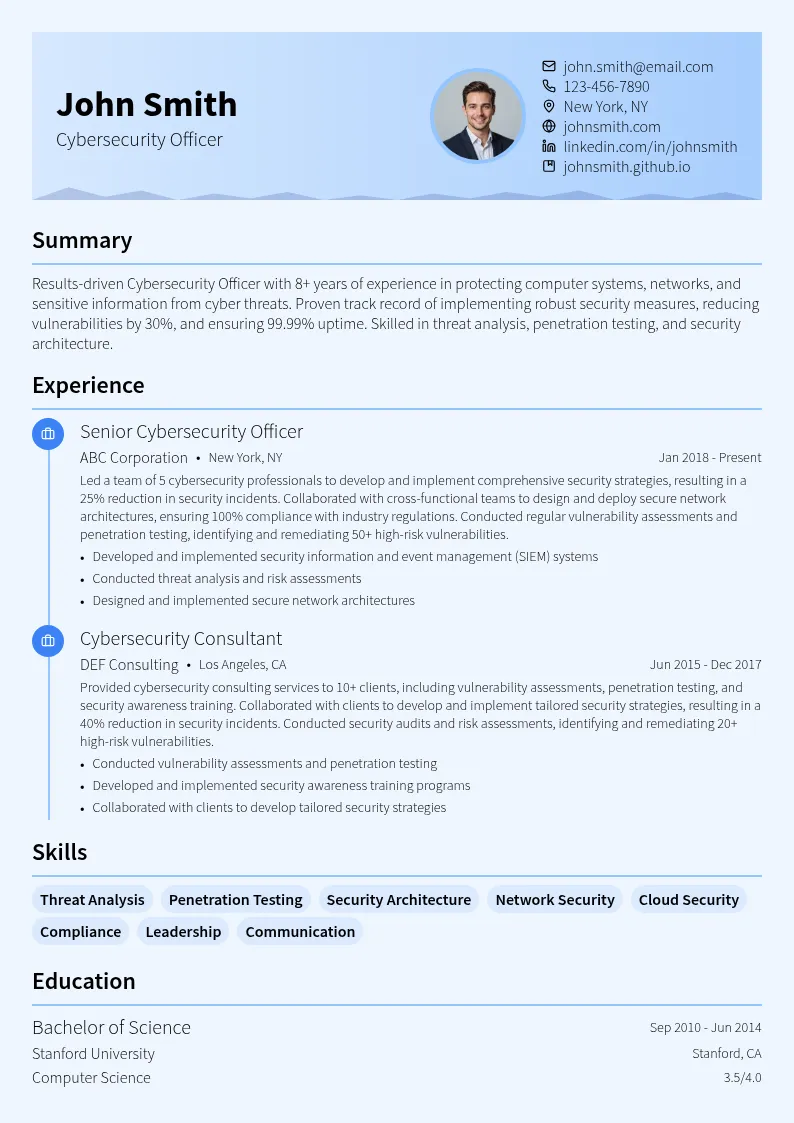 Cybersecurity Officer (IT) resume example