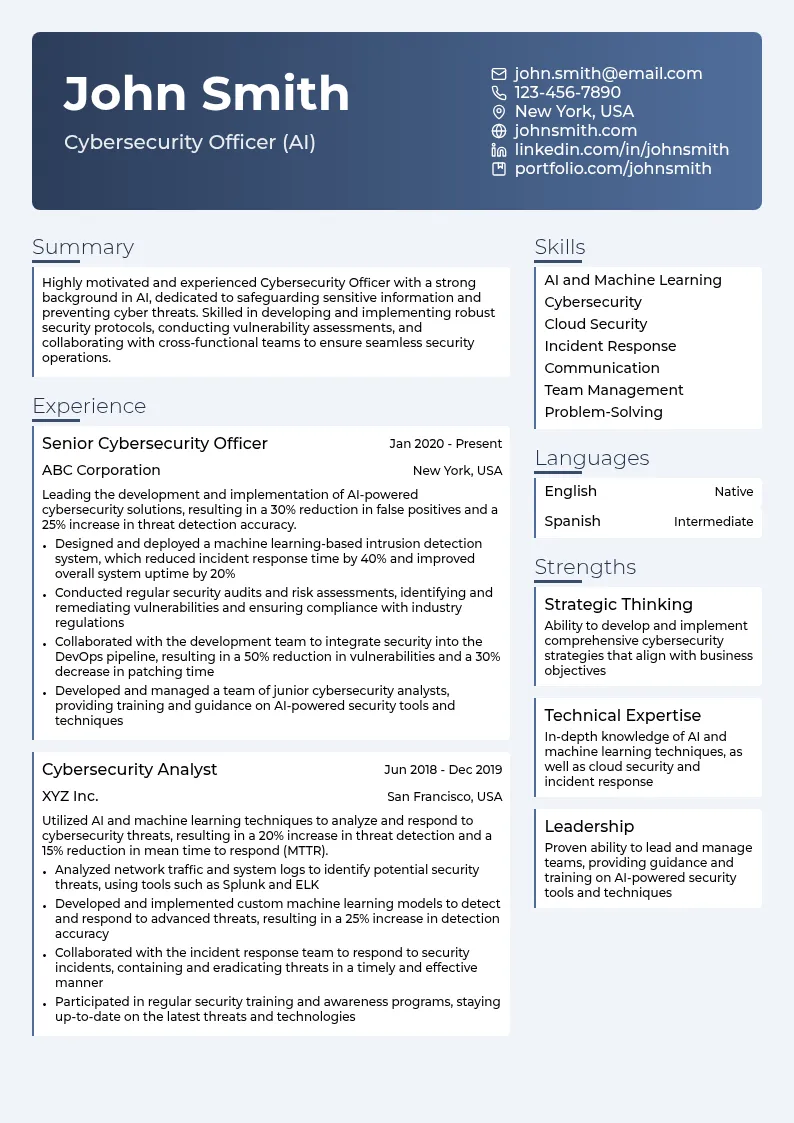Cybersecurity Officer (AI) resume example