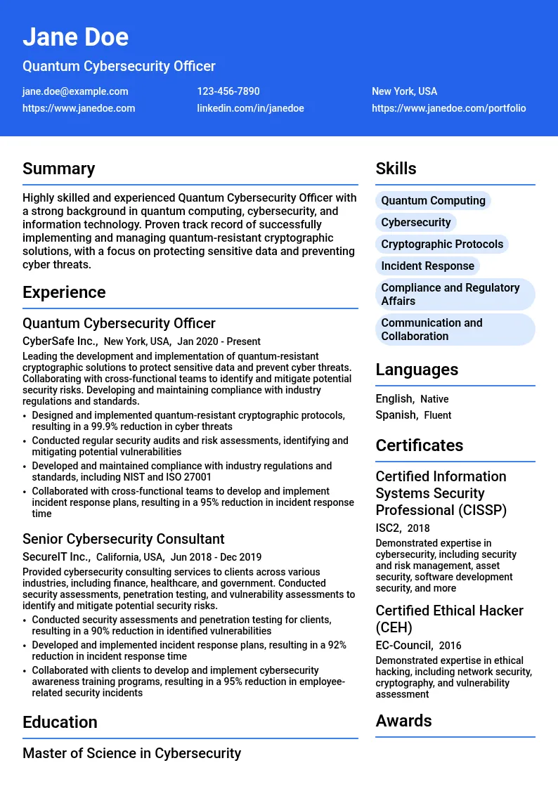 Quantum Cybersecurity Officer resume example