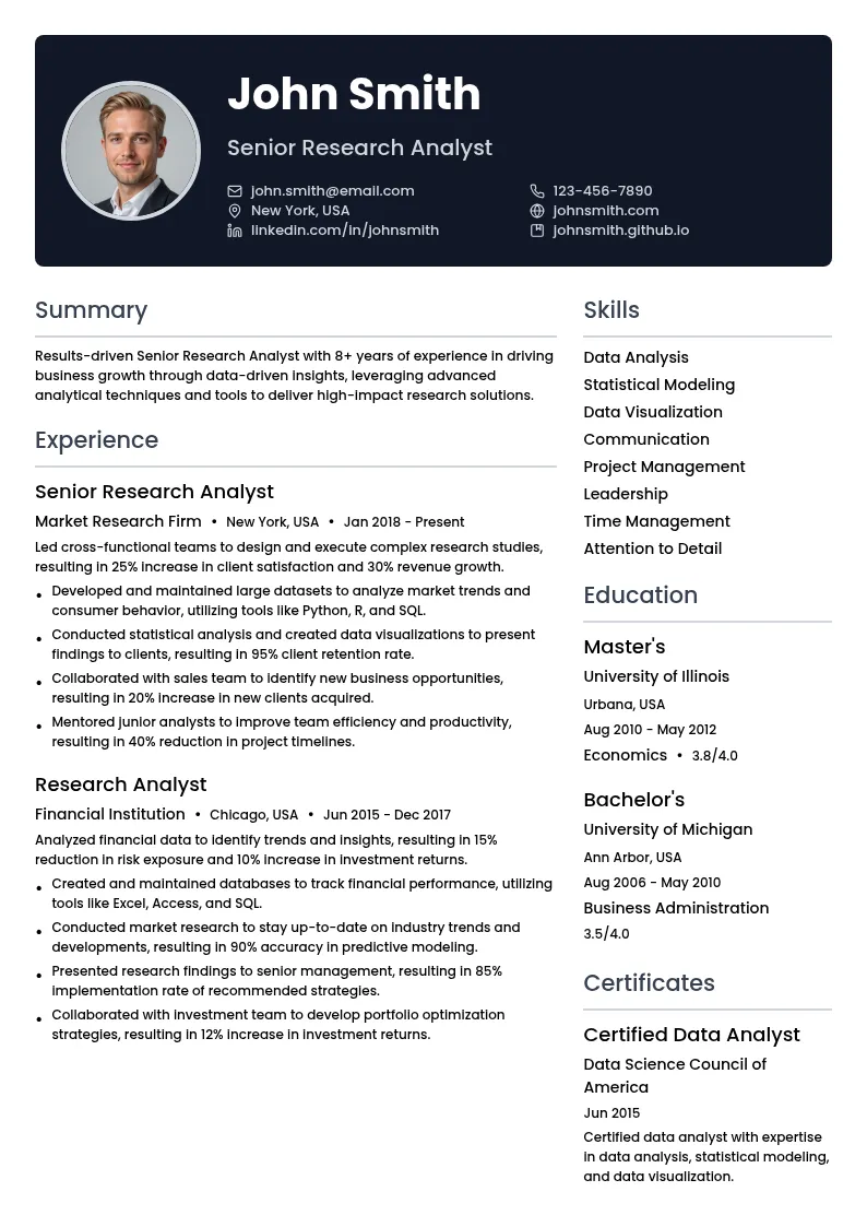 Senior Research Analyst resume example