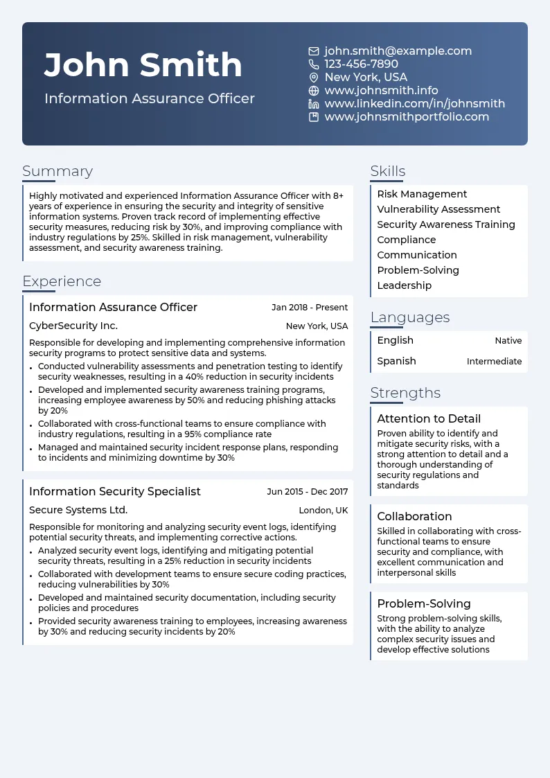 Information Assurance Officer resume example