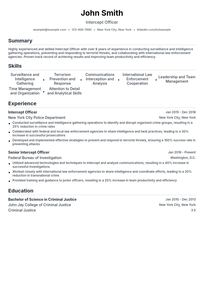 Intercept Officer resume example