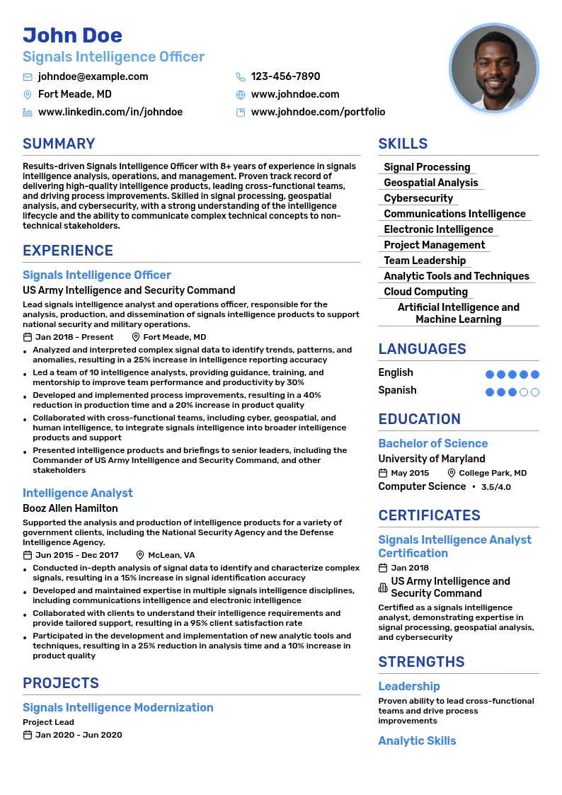 Signals Intelligence Officer resume example