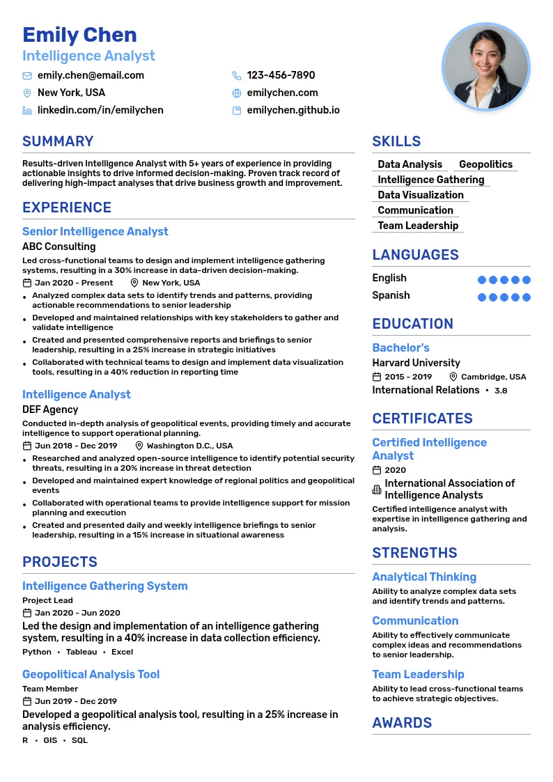 Intelligence Analyst resume example