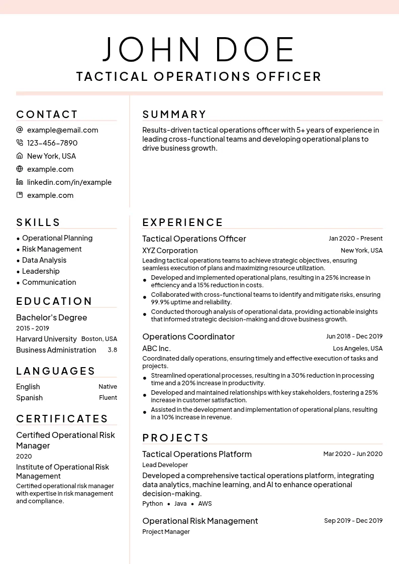 Tactical Operations Officer resume example