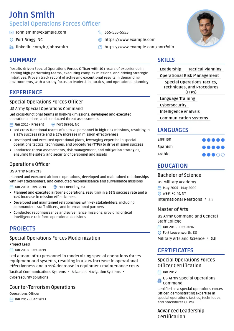 Special Operations Forces Officer resume example