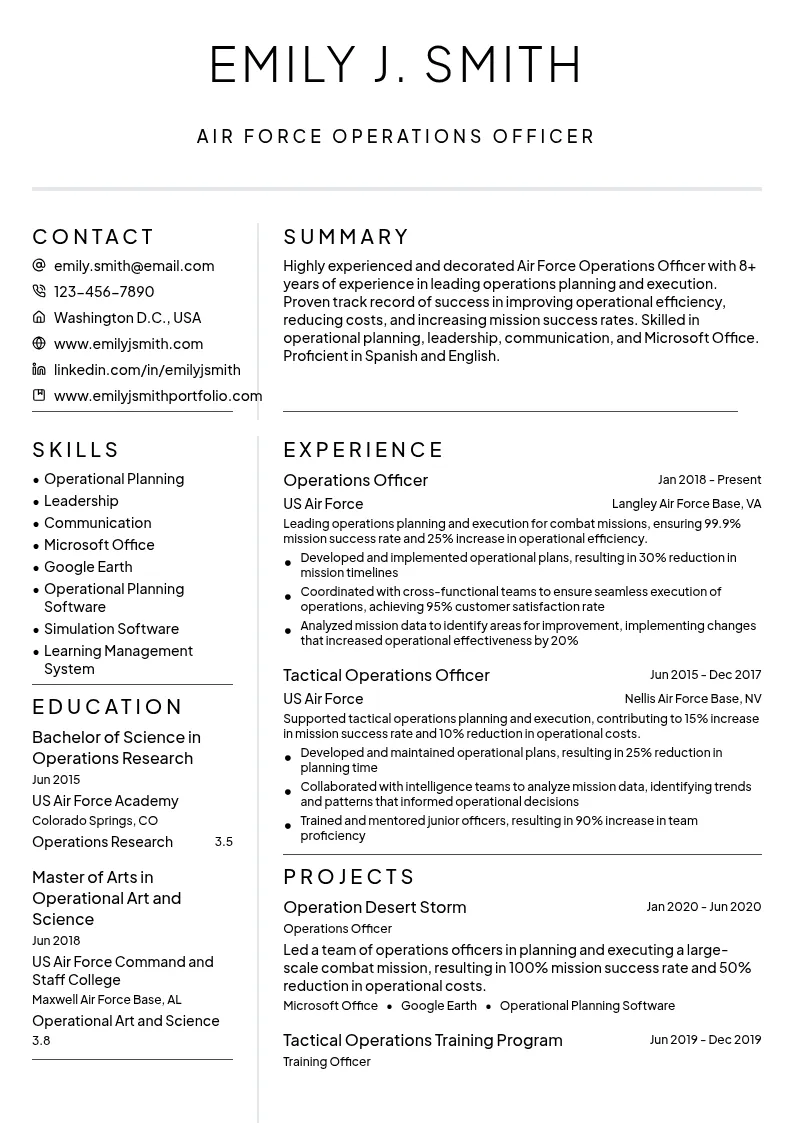 Air Force Operations Officer resume example