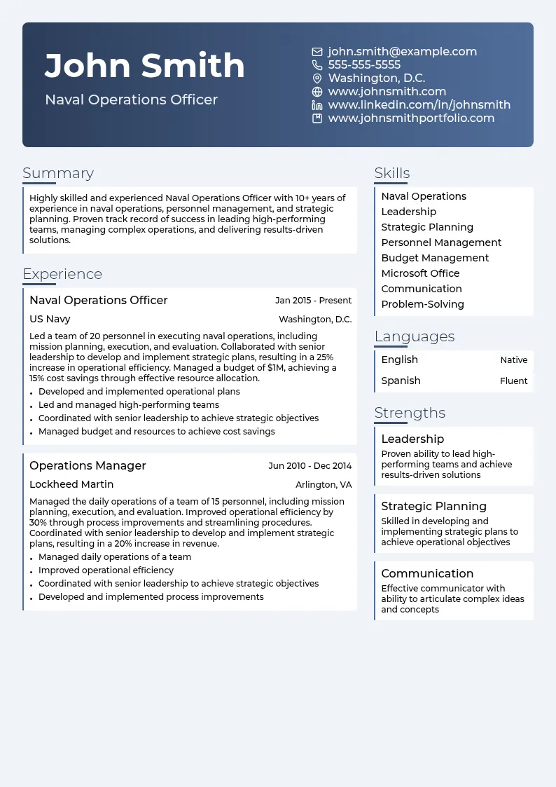Naval Operations Officer resume example