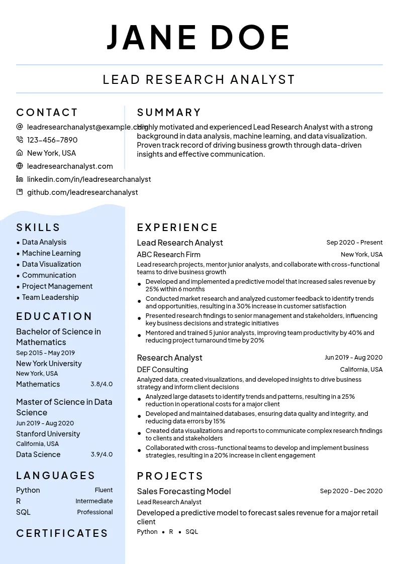 Lead Research Analyst resume example