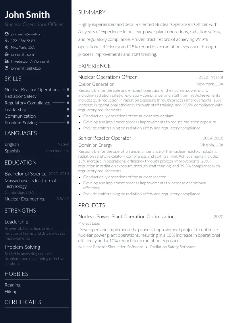Nuclear Operations Officer resume example