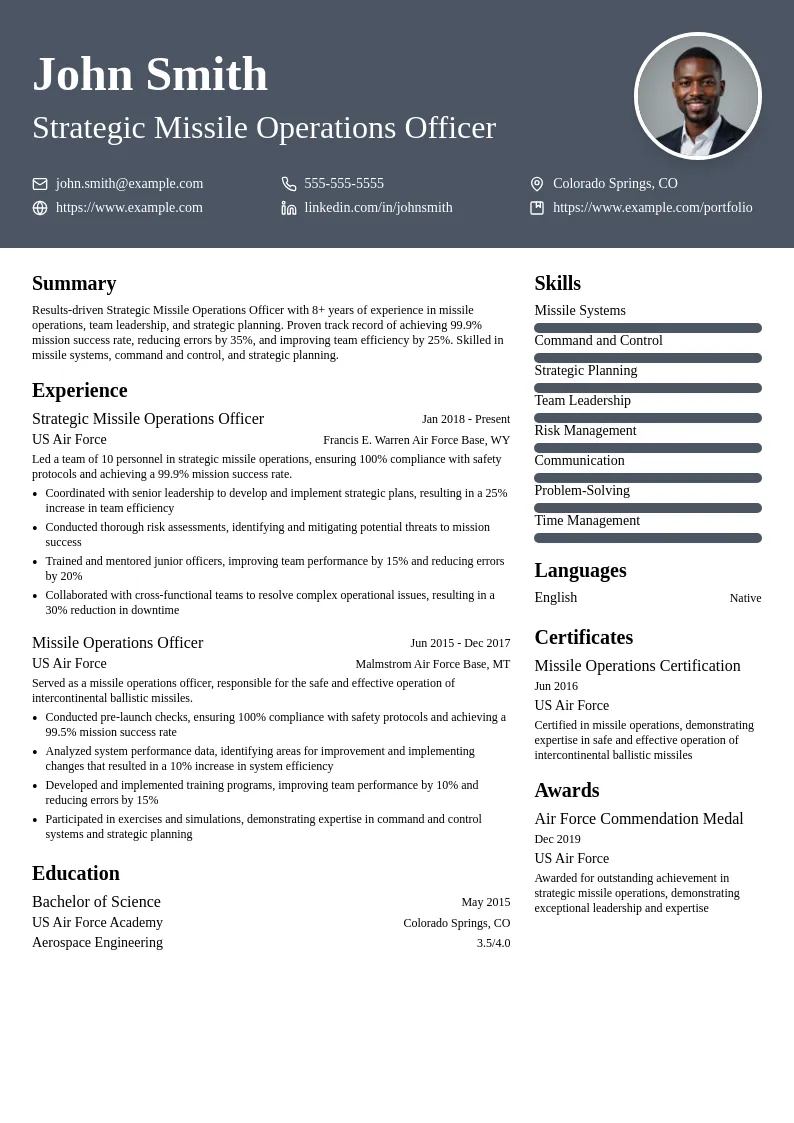 Strategic Missile Operations Officer resume example