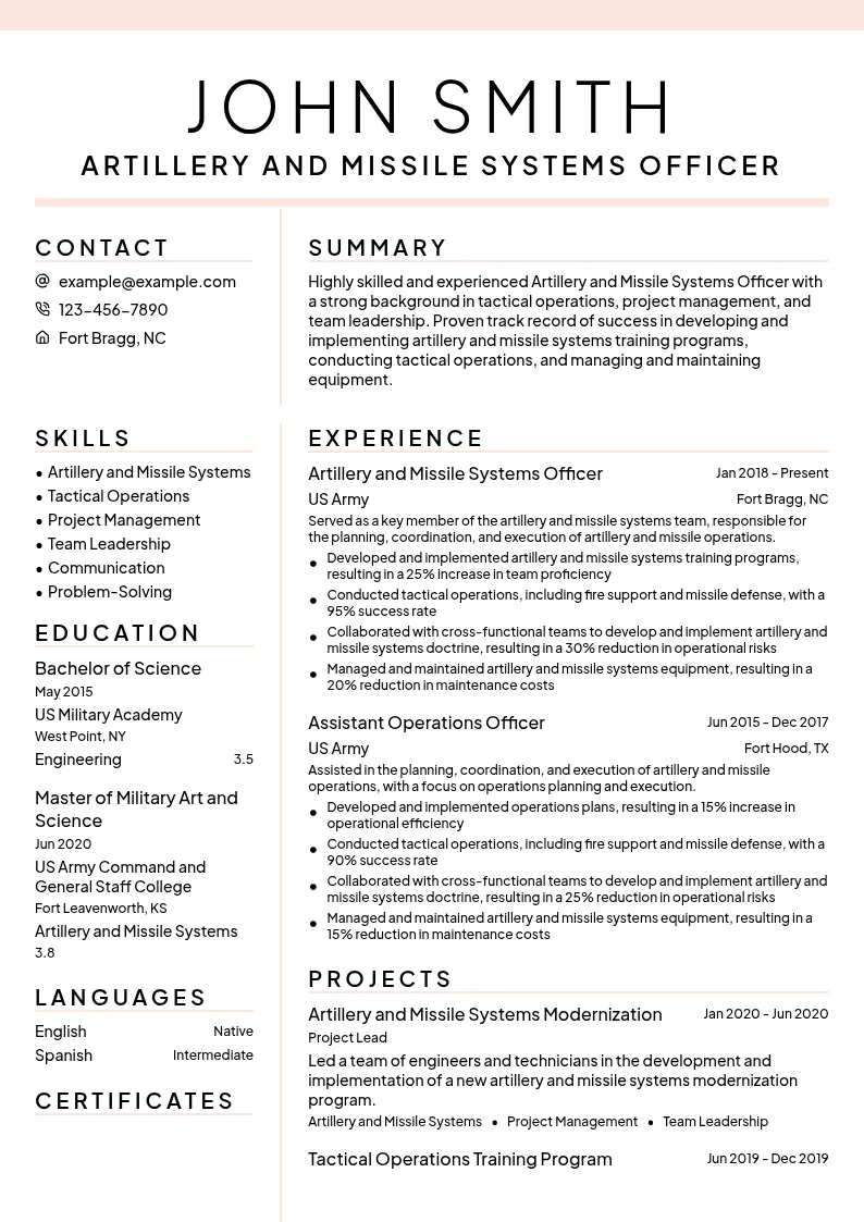 Artillery and Missile Systems Officer resume example