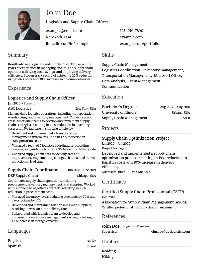 Logistics and Supply Chain Officer resume example