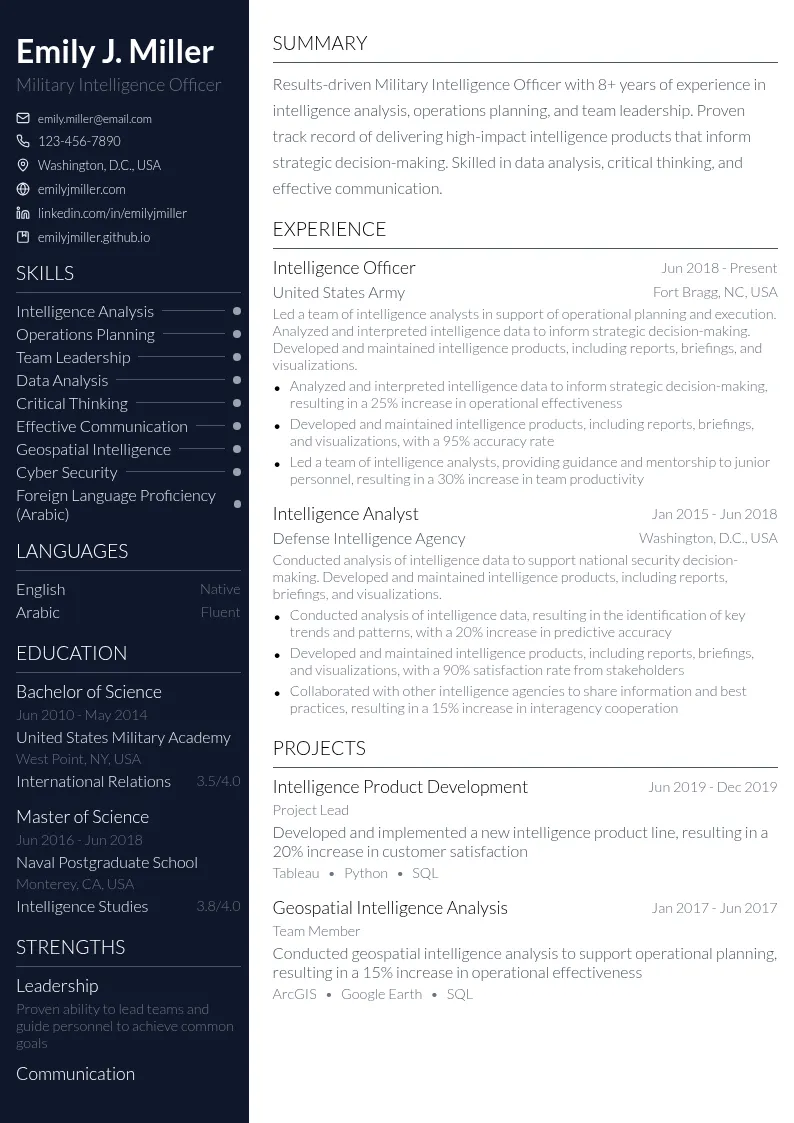 Military Intelligence Officer resume example