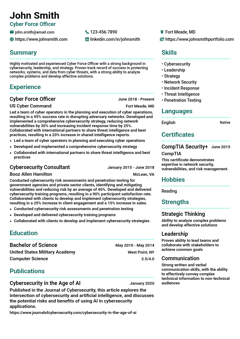 Cyber Force Officer resume example