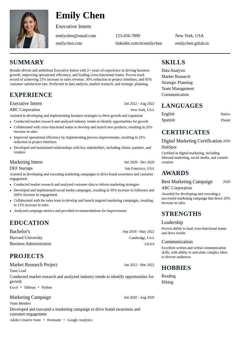 Executive Intern resume example