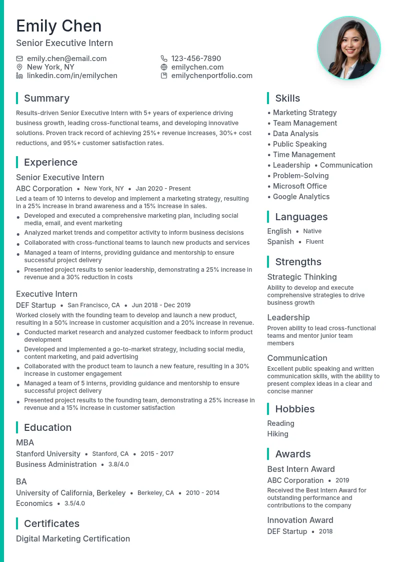 Senior Executive Intern resume example