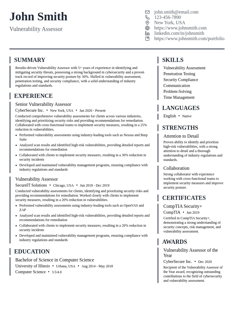 Vulnerability Assessor resume example