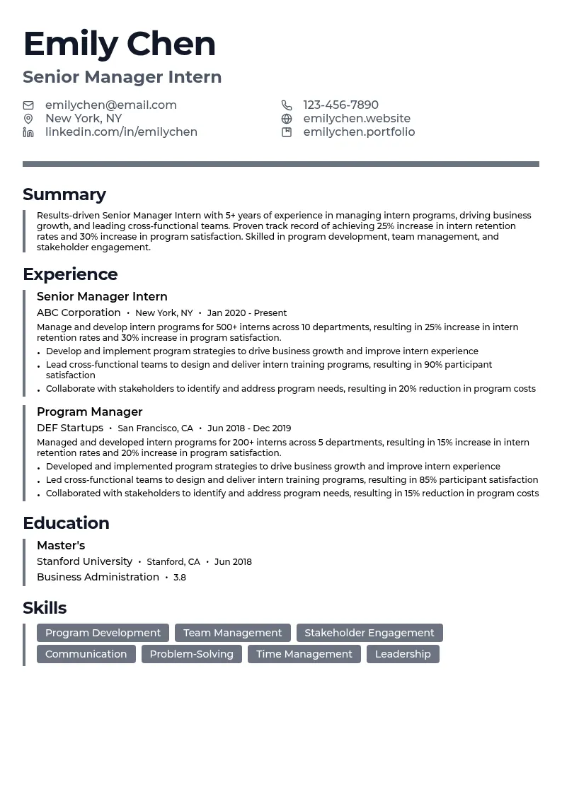 Senior Manager Intern resume example