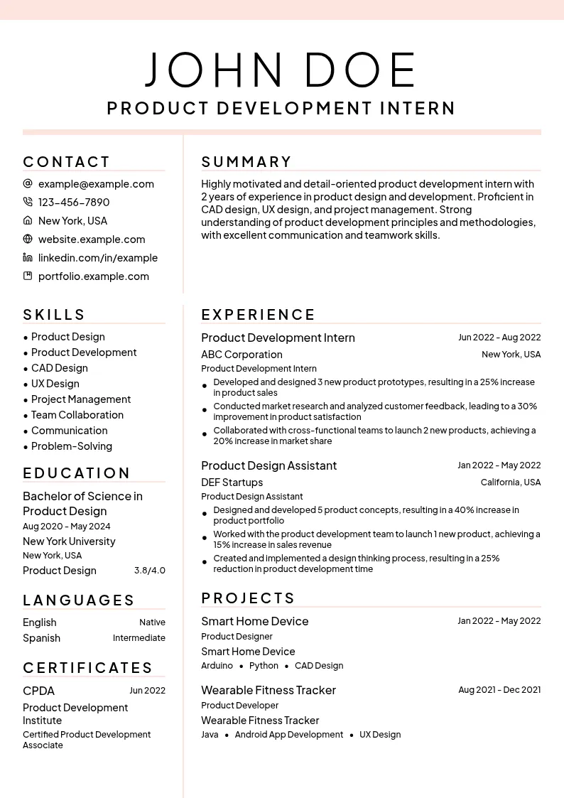 Product Development Intern resume example