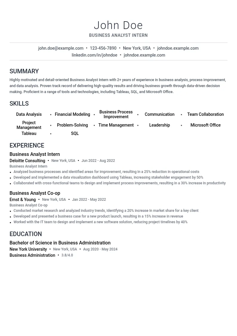 Business Analyst Intern resume example