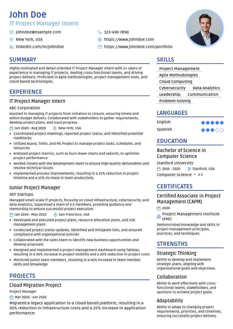 IT Project Manager Intern resume example