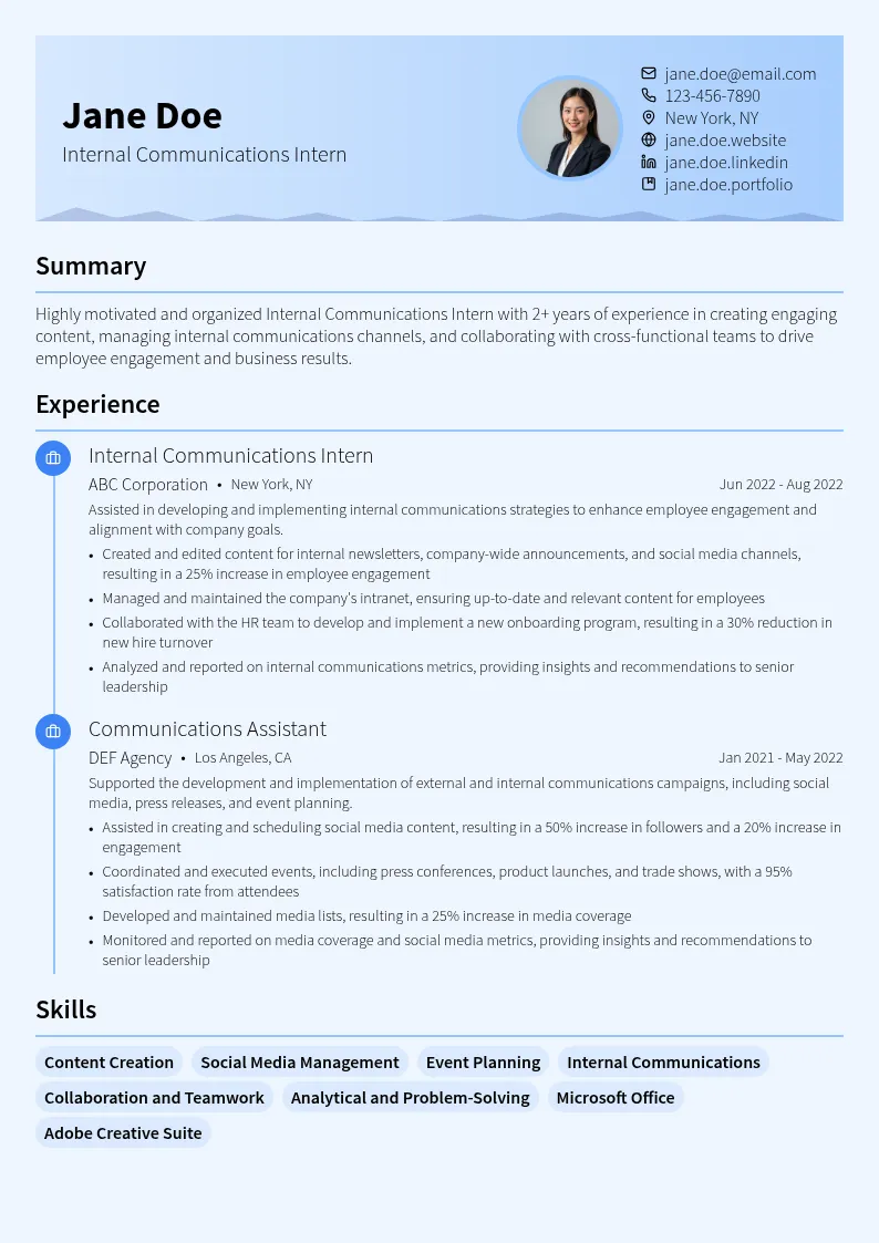 Internal Communications Intern resume example