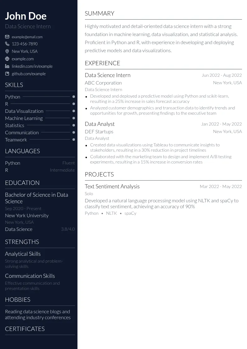 Data Science Intern resume example