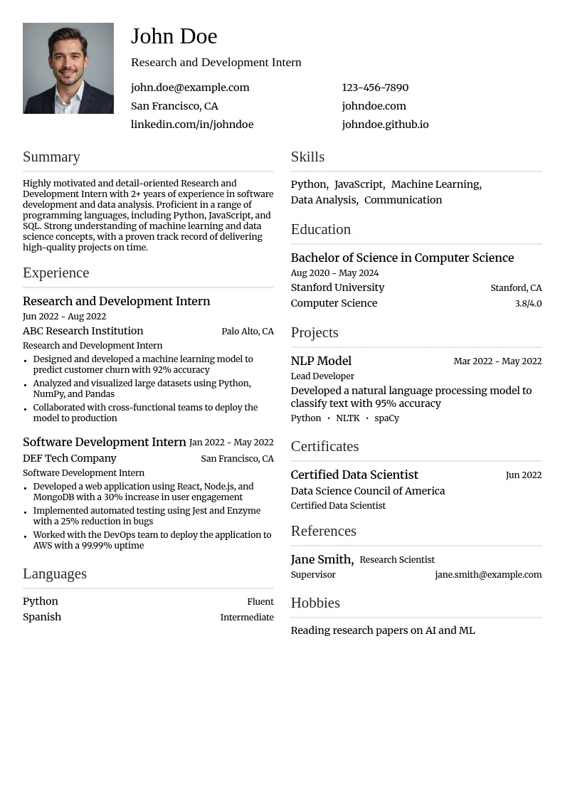 Research and Development Intern resume example