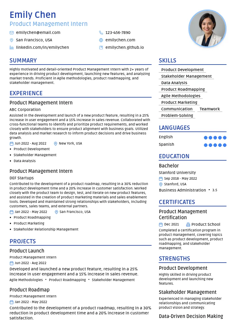 Product Management Intern resume example