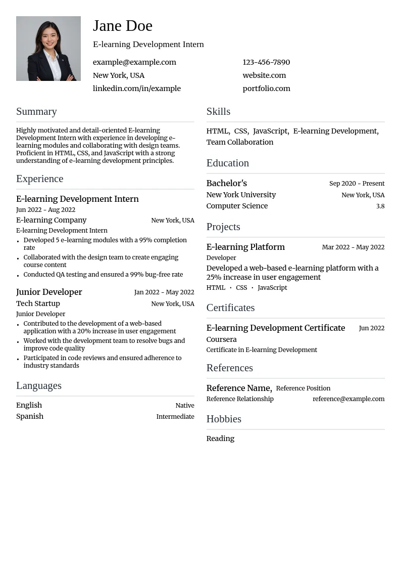 E-learning Development Intern resume example