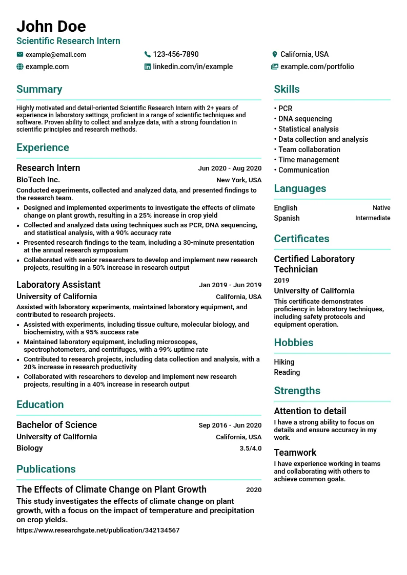 Scientific Research Intern resume example