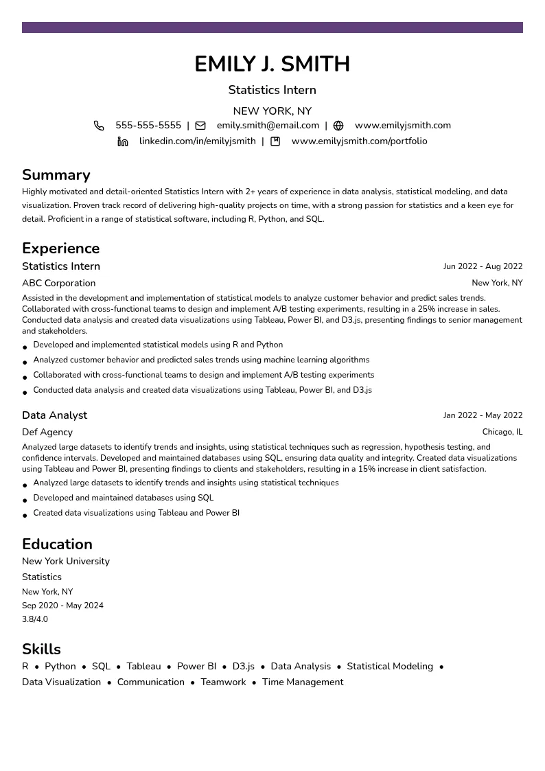Statistics Intern resume example