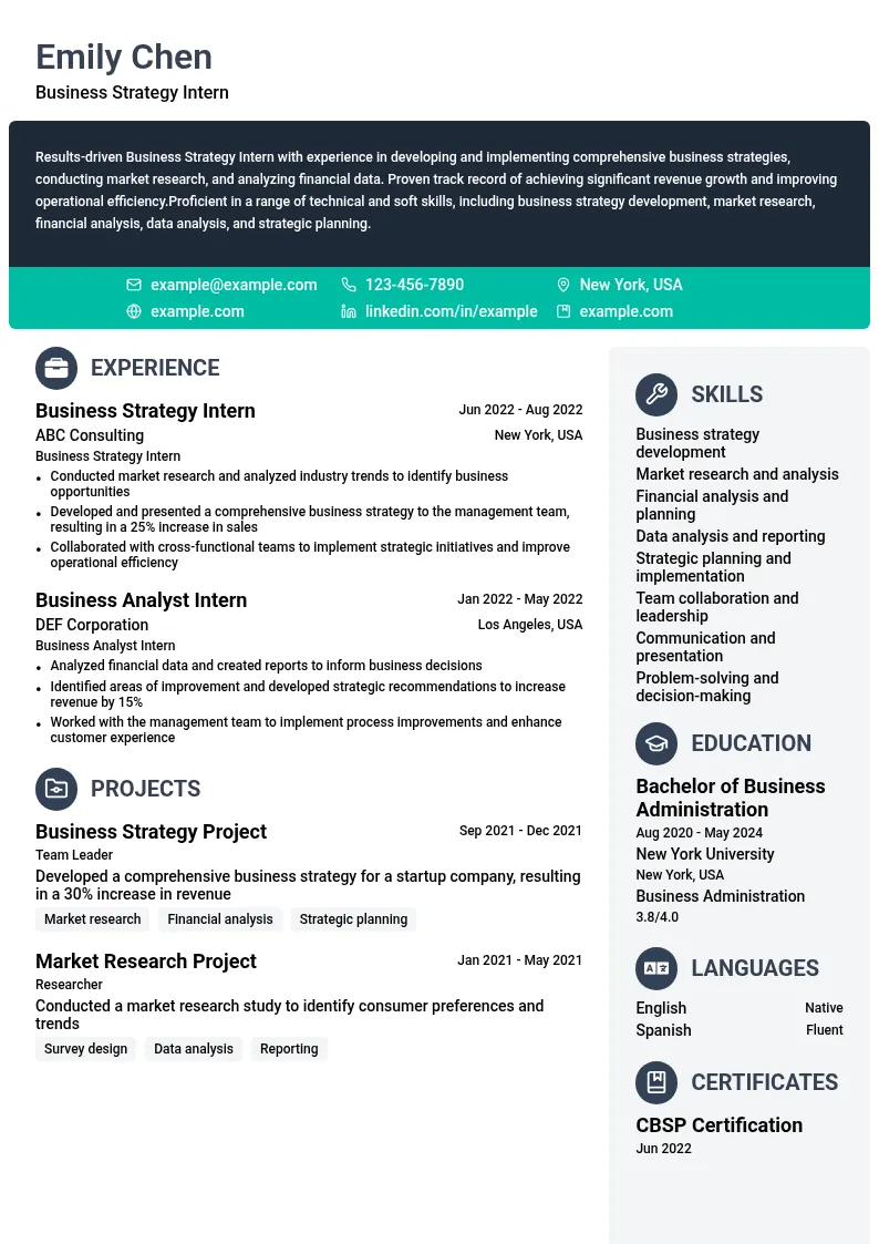 Business Strategy Intern resume example