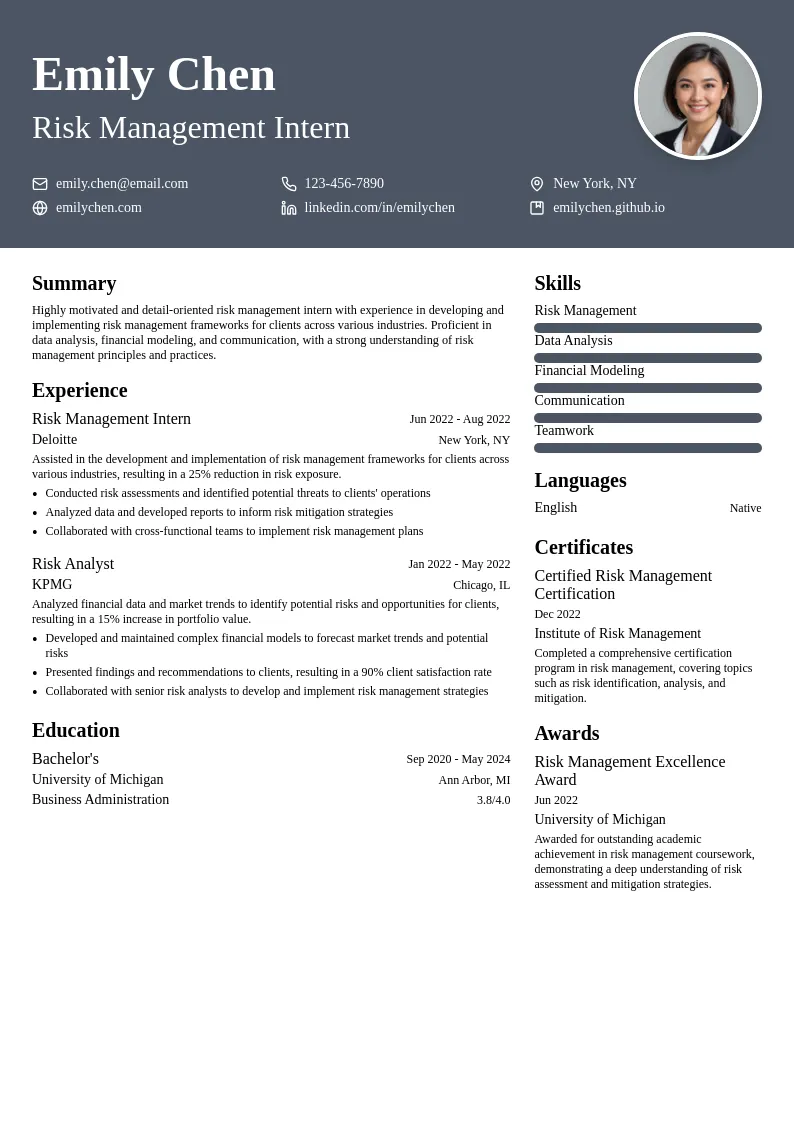 Risk Management Intern resume example