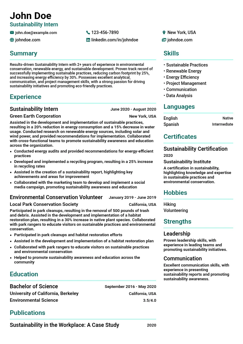 Sustainability Intern resume example