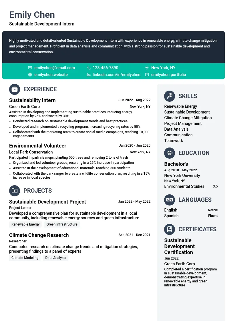 Sustainable Development Intern resume example