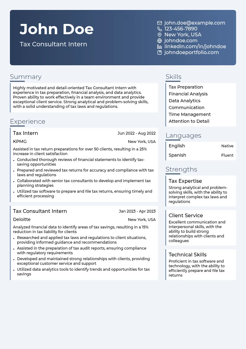 Tax Consultant Intern resume example