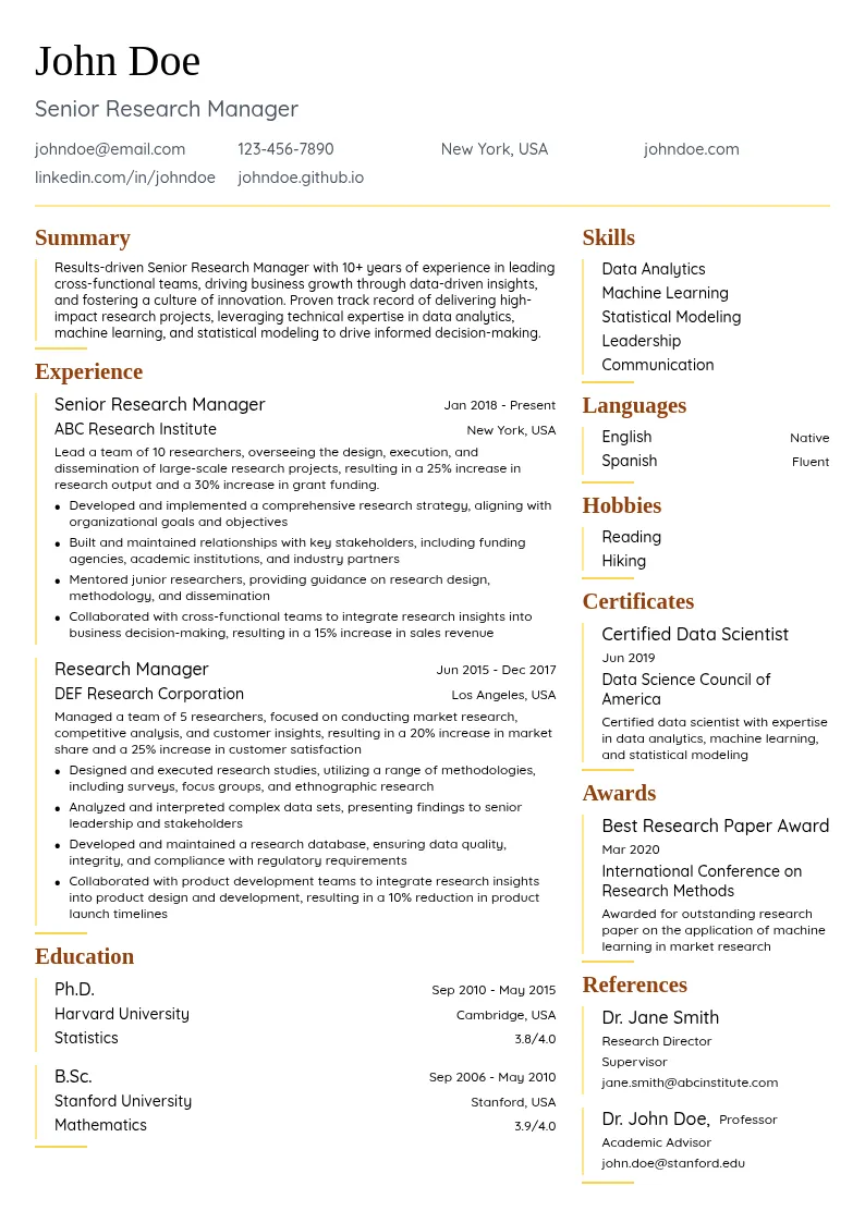 Senior Research Manager resume example