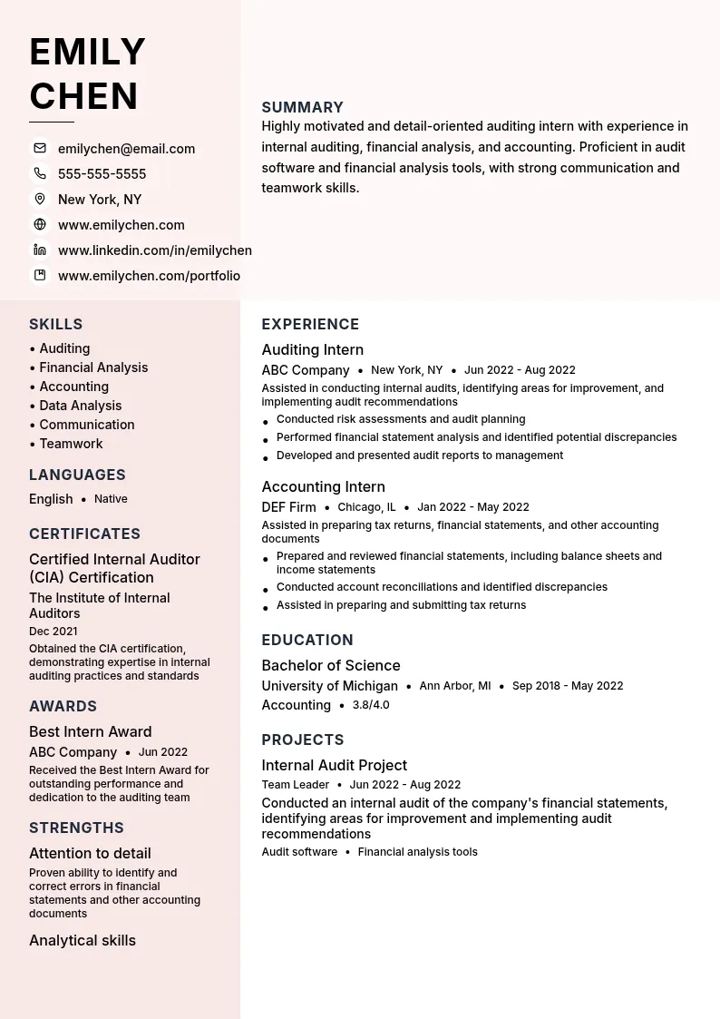 Auditing Intern resume example
